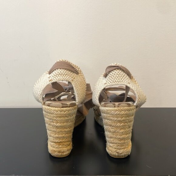 COACH women’s MILA LACE UP SANDAL SIZE 9B Khaki/Gold wedge open toe ankle strap - Picture 7 of 13